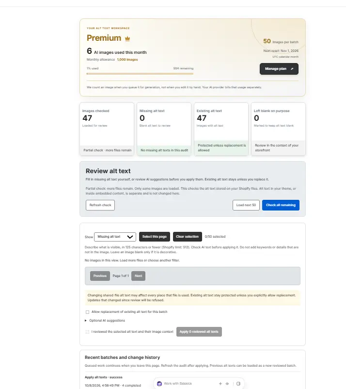 NexVault Alt-Text Workspace screenshot showing audit metrics, AI monthly allowance, and bulk review