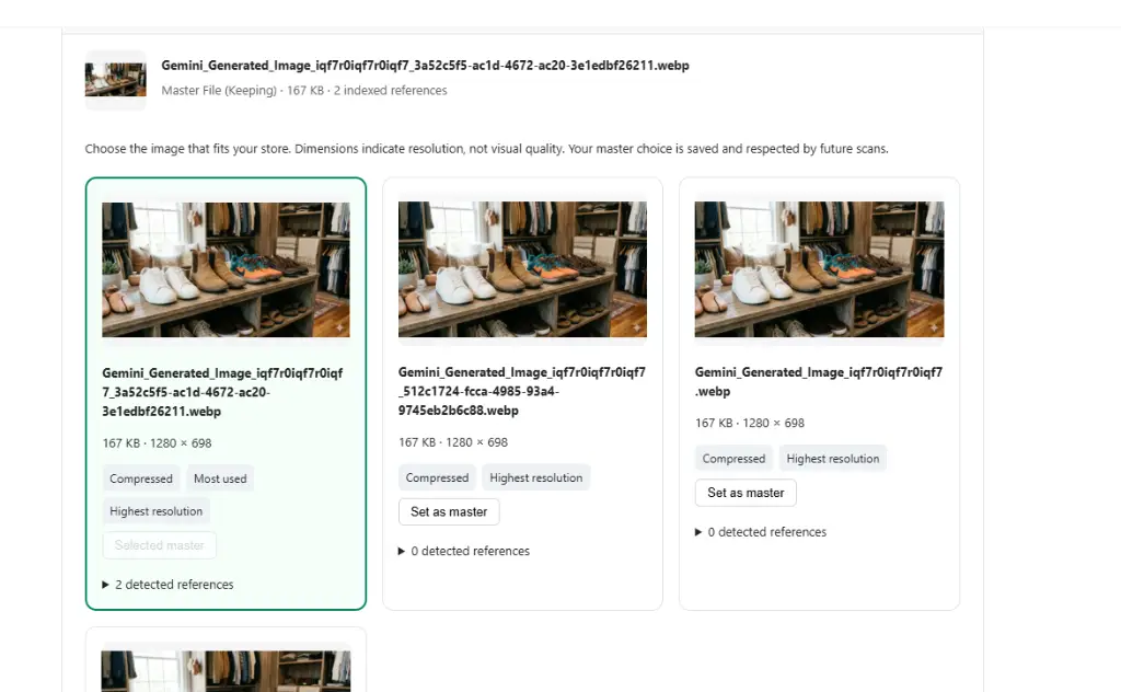 NexVault side-by-side duplicate file comparison view with master file selection