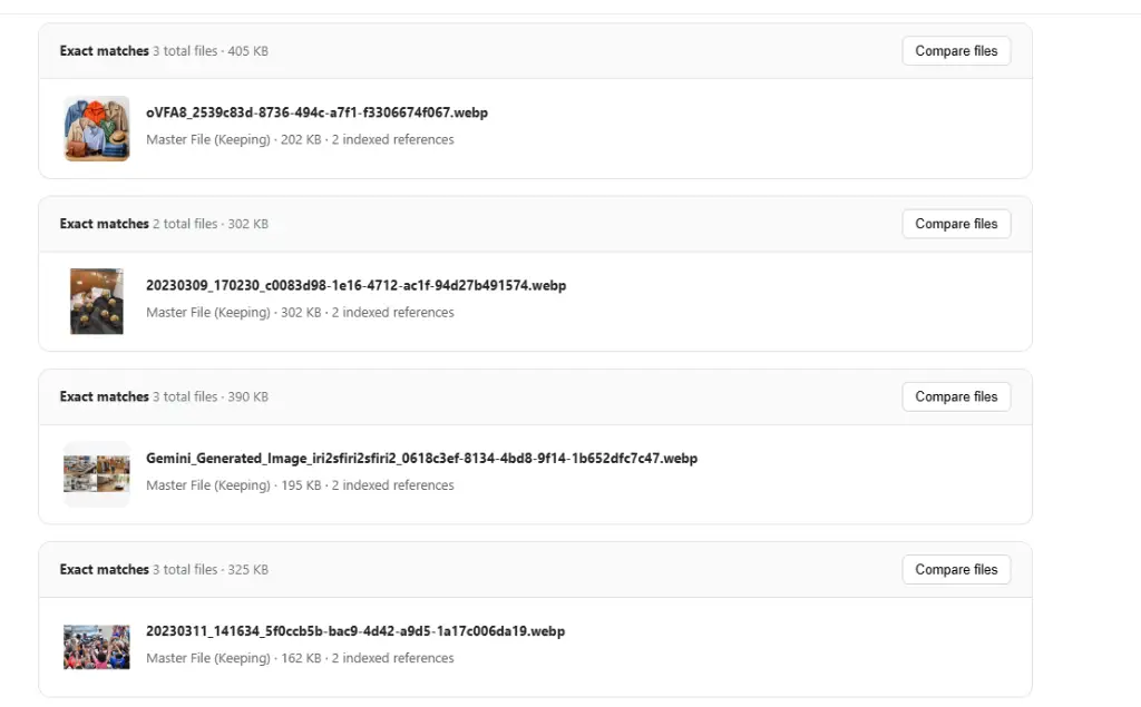 NexVault exact matches list with Compare Files action buttons