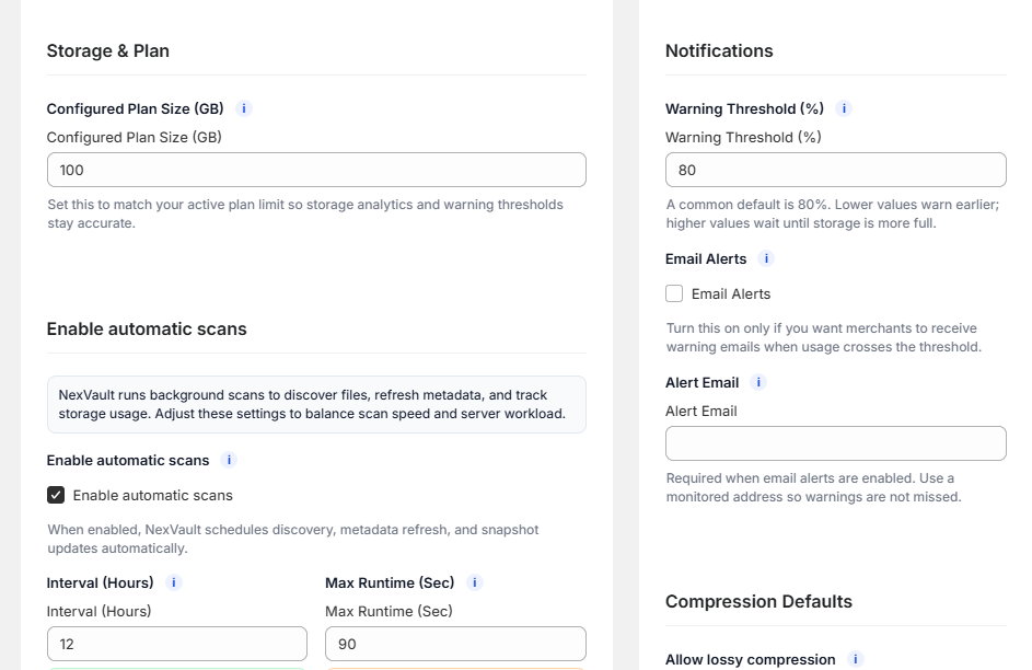 NexVault storage threshold settings to trigger email alerts when Shopify media size limits are reached