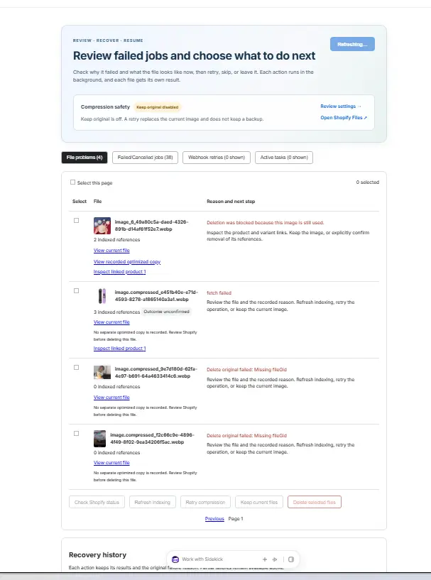 NexVault Failed Job Review dashboard with diagnostic reasons and recovery buttons