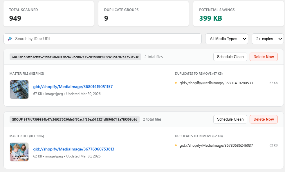 Duplicate Finder tool in NexVault highlighting identical Shopify media files and letting merchants select a master file to keep