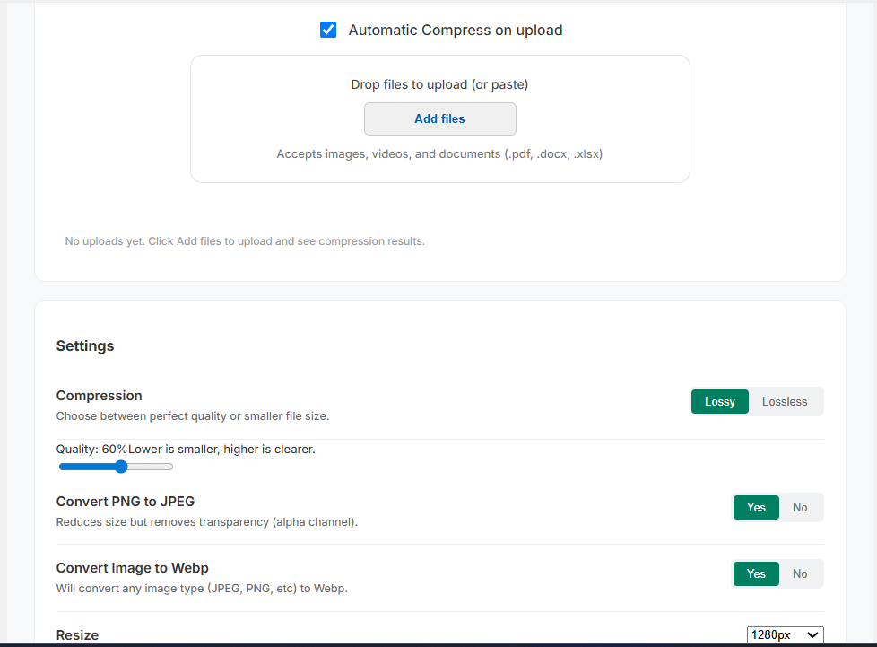 NexVault image compression settings showing automatic WebP conversion, resizing, and quality slider for Shopify uploads
