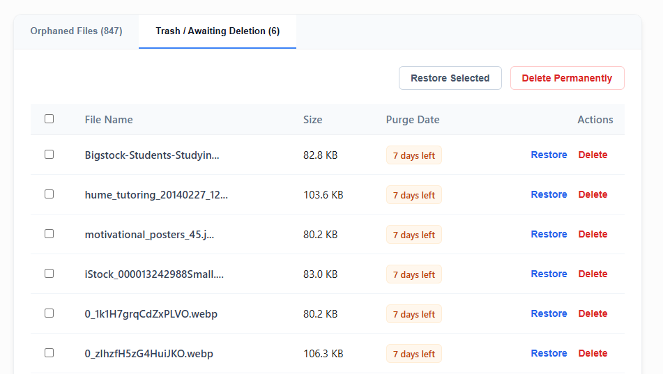 NexVault Trash bin interface showing deleted Shopify files awaiting permanent deletion with options to safely restore assets