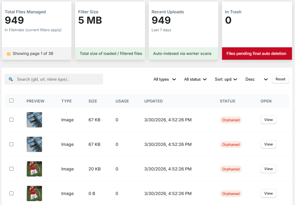 NexVault Files Explorer interface displaying a list of Shopify media assets with their usage status and orphaned file detection