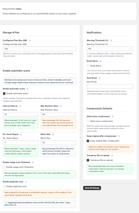 NexVault full settings overview including notification preferences, automatic scans, and automated Shopify storage optimization